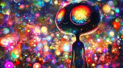 cosmic being amidst vibrant, colorful lights.
