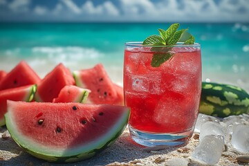 Refreshing watermelon drink on beach. (2)