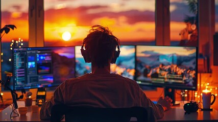 Aufkleber - A person wearing headphones is focused on their work at a dual-monitor setup, with a stunning sunset casting warm colors through the window in the background.