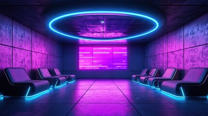 Wall Mural - Futuristic business conference room mockup, neon accents, holographic displays, high-tech atmosphere 