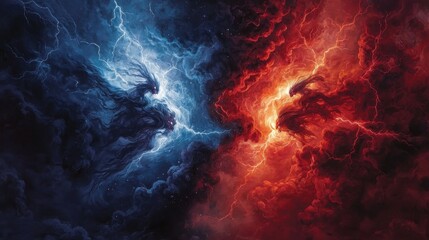 Wall Mural - Celestial Entities Clash of Fire and Ice Abstract Art