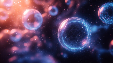 Wall Mural - a rhythmic arrangement of glowing spheres with bright highlights reflected in a deep blue space.