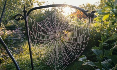 Wall Mural - Cobweb hanging on a branch in a garden with sunlight casting a silhouette