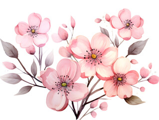 Wall Mural - Watercolor illustration of pink blooming spring flowers on white background 