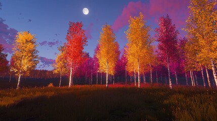 Wall Mural - Vibrant autumn forest at sunset with full moon.