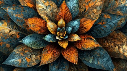 Abstract fractal flower with teal and orange petals.
