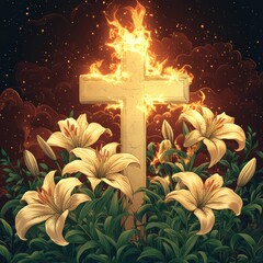 Vector cross with lilies and a glowing background. 