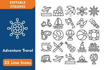 Wall Mural - Adventure Travel 25 Line Icon Set Included Icons departures, planet earth, buoy, cruise, caravan