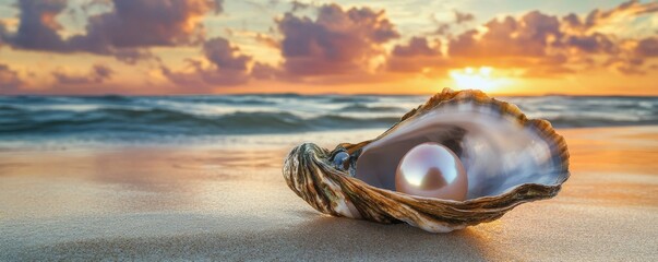 Wall Mural - Coastal sunset reveals an oyster with a lustrous pearl on a sandy beach