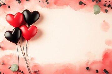 Wall Mural - Heart balloon bouquet with three red hearts and one black heart is floating in the air. The balloons are tied to a string, and they are scattered around the frame. Concept of love and celebration