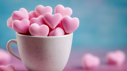 Wall Mural - White cup filled with pink hearts. The cup is on a table and the pink hearts are scattered around it