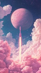 Wall Mural - pink rocket flying through pink clouds towards a pink planet in a starry sky, concept of space trave