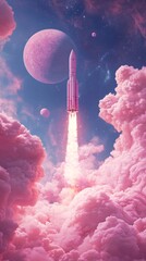 Wall Mural - pink rocket ship launching through pink clouds towards pink planet and moons, concept of fantastic s