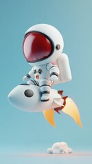Wall Mural - 3d render of astronaut flying through space on rocket with smoke trail against blue background