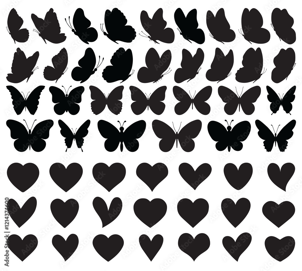 Set of black butterflies and hearts symbols, collection of silhouettes ...