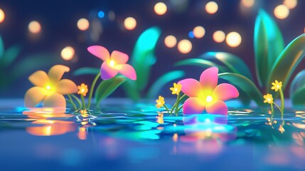 Sticker - Glowing flowers floating on tranquil water at night.