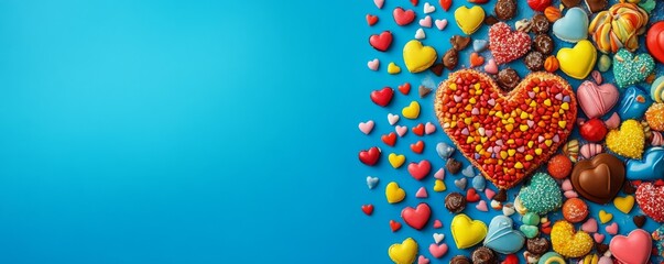 Wall Mural - Colorful heart shaped treats arranged on a blue background for a festive occasion