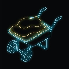 Wall Mural - Glowing neon icon of a construction wheelbarrow carrying sand, depicted in an isometric view against a dark background