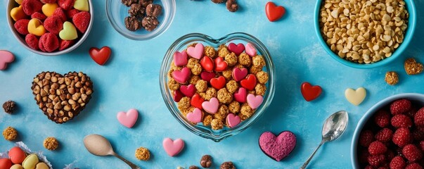 Wall Mural - Colorful heart shaped treats arranged on a blue background for a festive occasion