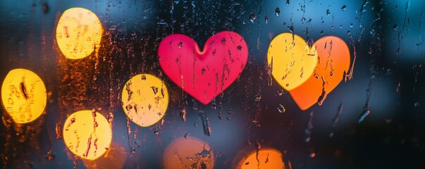Wall Mural - Colorful heart shaped bokeh lights with rain droplets on a window at night