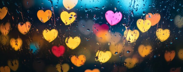 Wall Mural - Colorful heart shaped bokeh lights with rain droplets on a window at night