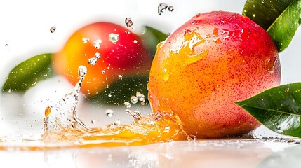 Wall Mural - Fresh peach with water splash on white background