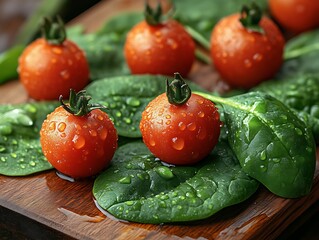 Wall Mural - Fresh cherry tomatoes and spinach leaves on wooden board.