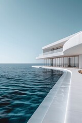 Poster - A large white house with a pool and a view of the ocean. The water is calm and the sky is clear. AI generated.