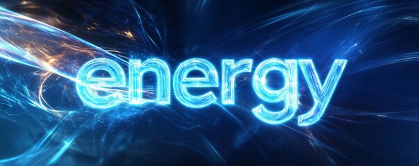 Wall Mural - Glowing blue energy word radiating luminous light trails, pulsing with intense power against deep blue backdrop