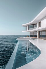Poster - A large white house with a pool and a balcony overlooking the ocean. The pool is surrounded by water and the balcony has a view of the water. The house is very modern and elegant. AI generated.