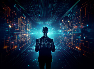 Aufkleber - A silhouetted figure stands within a vibrant, futuristic digital landscape.  Lines of light and circuitry surround them, suggesting connection and technological immersion.