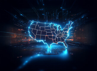 A glowing, digital map of the United States is displayed against a dark, technological backdrop, suggesting connectivity and data flow across the nation.