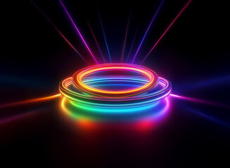 Poster - Vibrant rainbow neon rings glow brightly on a dark background, illuminated by radiating light beams.  The scene evokes a sense of energy and futuristic design.