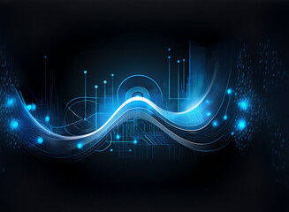 Aufkleber - Abstract digital art depicting a glowing blue wave flowing through a dark tech-inspired background with circuit patterns and glowing particles.