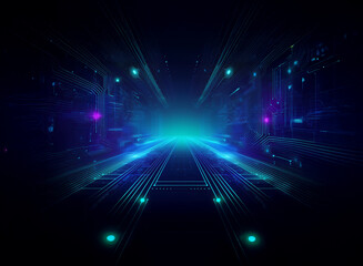Aufkleber - Abstract digital art depicting a glowing, futuristic corridor with circuit-like pathways.  The vibrant blue and purple hues create a sense of depth and technological advancement.