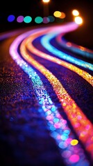 Wall Mural - Colorful glowing lines on a curving road at night.