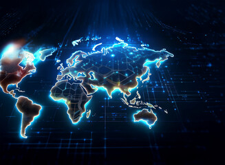 Fototapete - Glowing world map on a digital grid, representing global network connections and data flow.  A futuristic visualization of interconnectedness.