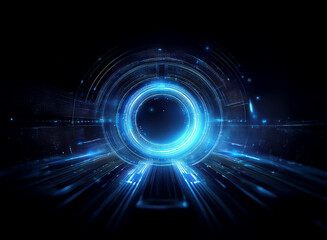 Aufkleber - Glowing blue circular interface on dark background. Futuristic technology concept with sleek lines and energy pulses.  Abstract digital design.