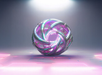 Fototapete - An iridescent, metallic sphere with an intricate, interwoven structure sits on a reflective pink surface, illuminated by a bright light source. The design is complex and captivating, showcasing a beau