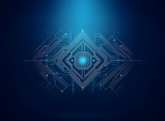 Fototapete - Abstract digital artwork depicting a glowing central core connected by intricate circuitry, suggesting technological advancement and connectivity.  A futuristic, symmetrical design on a dark blue back