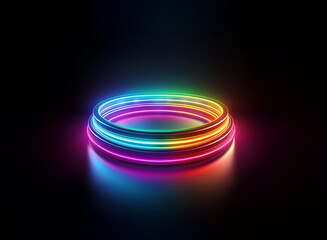 Poster - Vibrant rainbow neon rings create a luminous, circular platform against a stark black background.  The glowing circles cast a colorful reflection, suggesting a futuristic or magical setting.