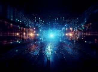 Fototapete - Abstract digital landscape; glowing circuits and puzzle pieces converge at a bright center, suggesting connection and complex systems.  A futuristic, technological scene.
