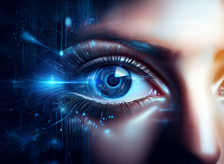Aufkleber - Close-up of a woman's eye, digitally enhanced with glowing blue circuitry, suggesting technological integration with the human body.  A futuristic, bio-cybernetic concept.