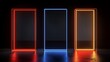 © Nas - Three neon-lit glass boxes on dark floor.