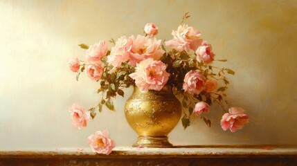 Sticker - Golden Vase with Delicate Pink Roses: A Still Life Painting