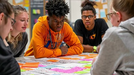 Poster - This group of students collaborates on a project, sharing ideas and discussing notes enthusiastically.
