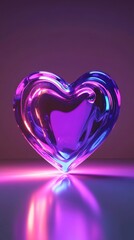 Wall Mural - glassy heart with neon light reflecting on a purple surface, creating a romantic and futuristic atmo