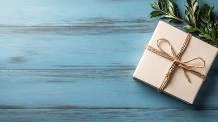 Wall Mural - beautifully wrapped gift box with twine on blue wooden surface