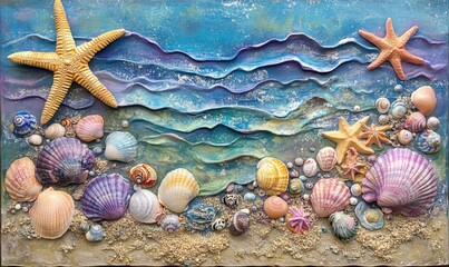 Wall Mural - Colorful seashell arrangement with starfish on sand