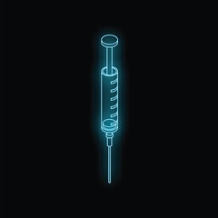 Wall Mural - Turquoise blue neon syringe glowing on a black background